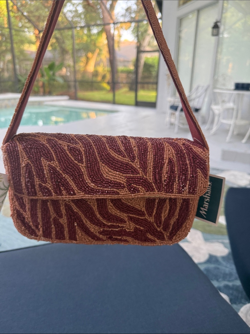 Marshall Maroon & Tan Beaded Clutch with Abstract Wave Pattern